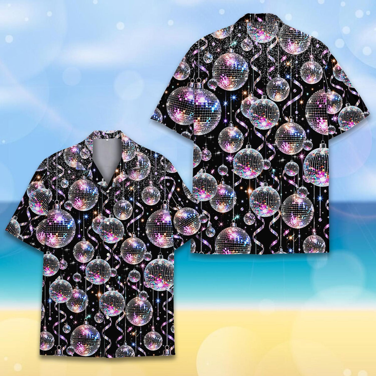 Black retro hawaiian shirt with silver and purple disco balls, front view 2