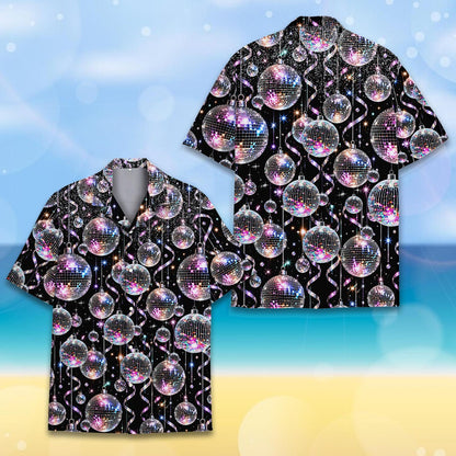 Black retro hawaiian shirt with silver and purple disco balls, front view 2