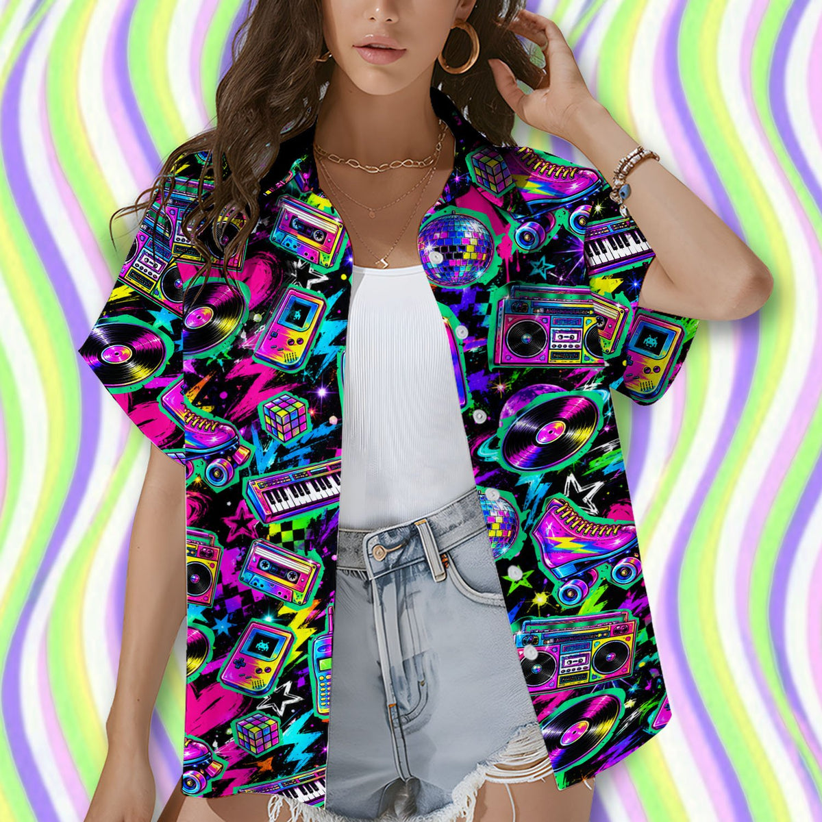 Front detail view of retro Hawaiian shirt with neon boombox and roller skate print
