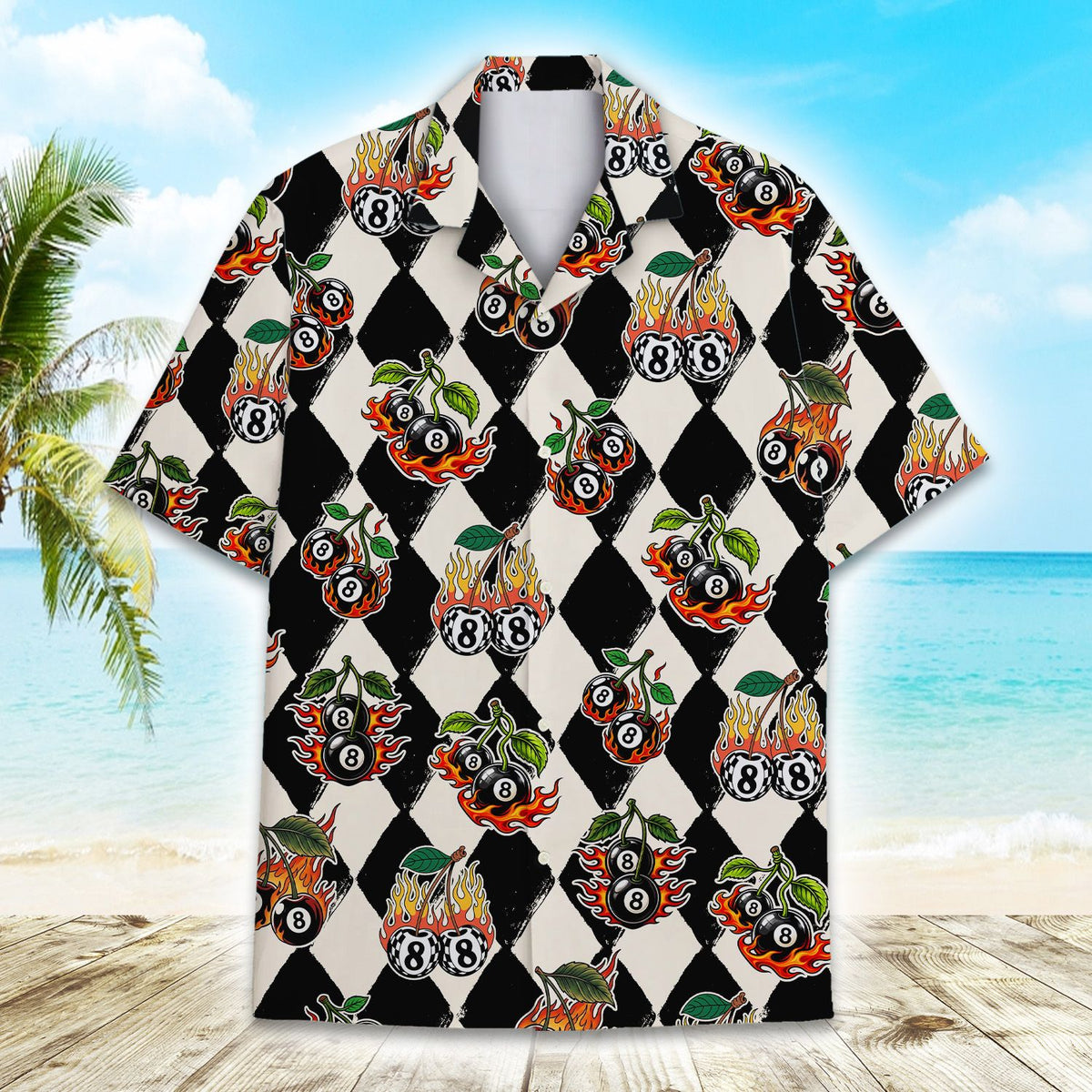 Secondary front view of the checkerboard hawaiian shirt