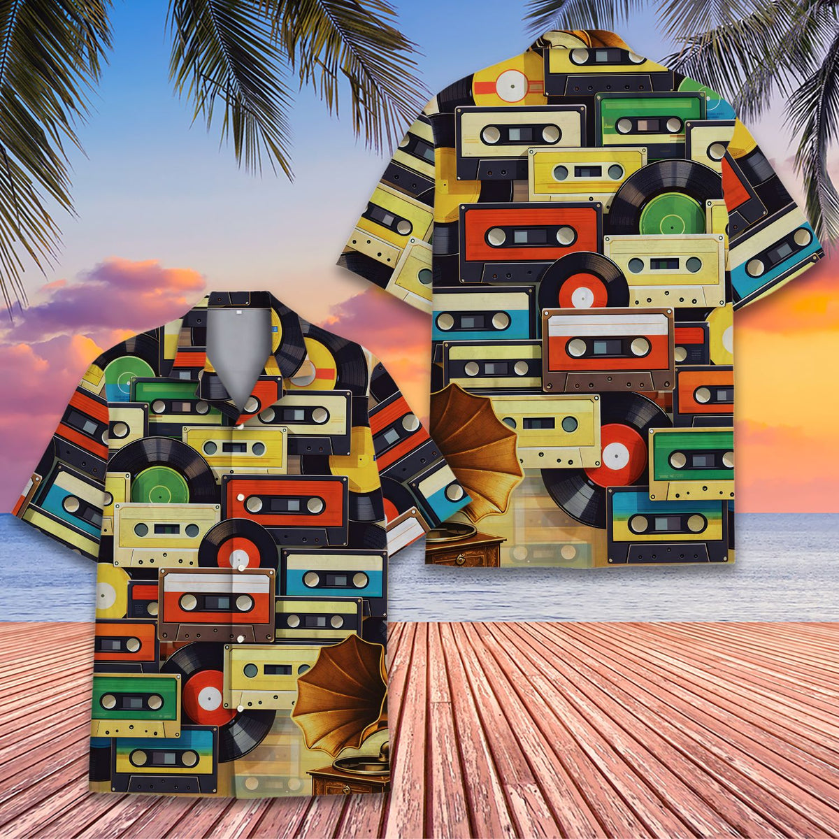 Detailed front view of the abstract hawaiian shirt with vintage gramophone design