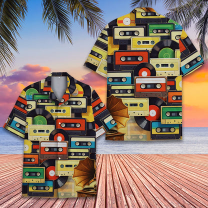 Detailed front view of the abstract hawaiian shirt with vintage gramophone design