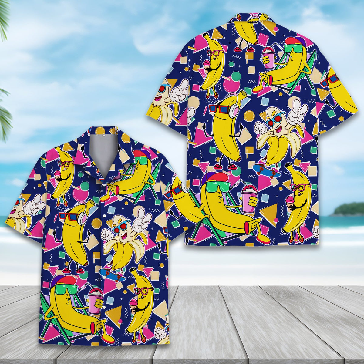 Detailed front view highlighting the 80s geometric pattern on the retro hawaiian shirt