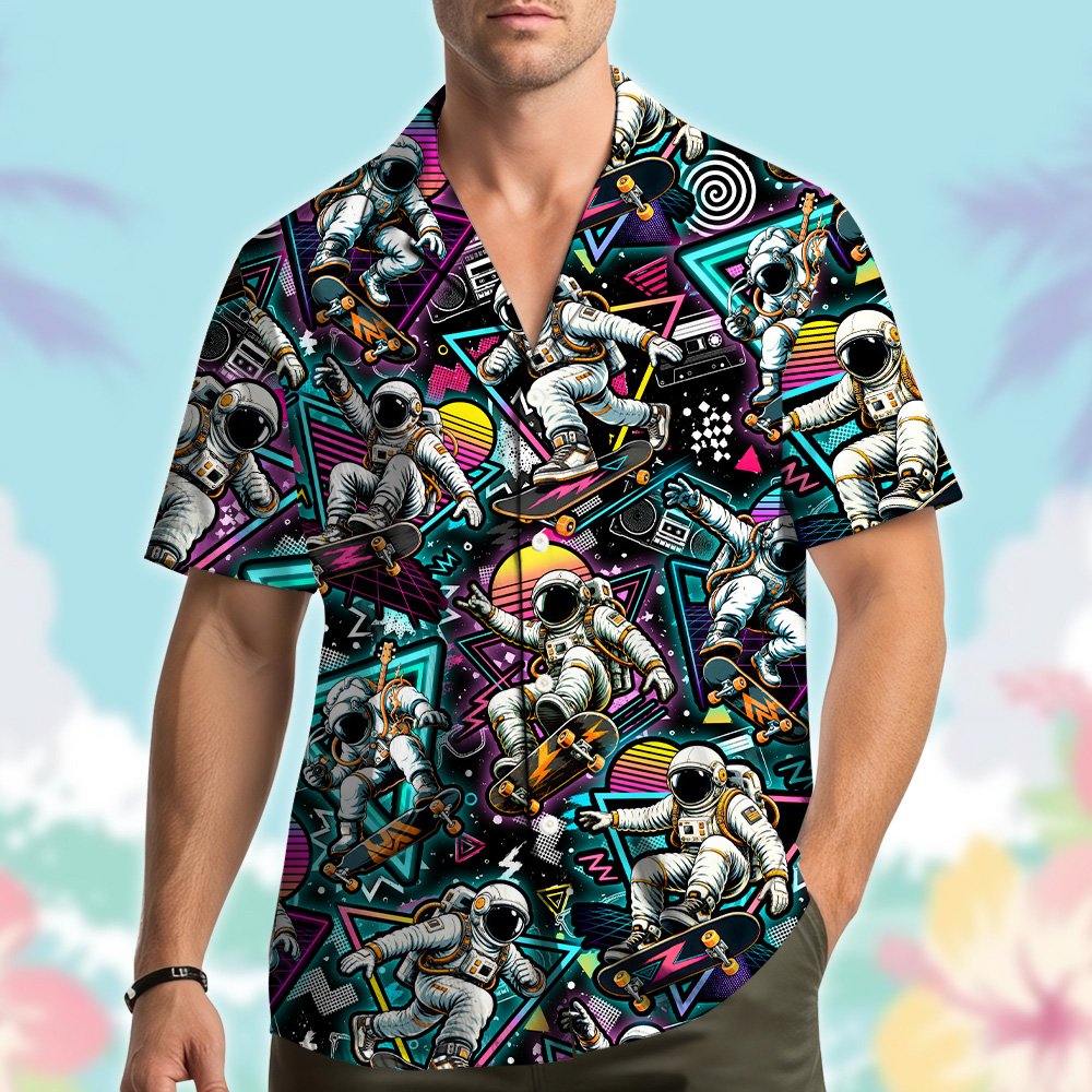 Black retro hawaiian shirt with 80s boombox and sunset elements, front view