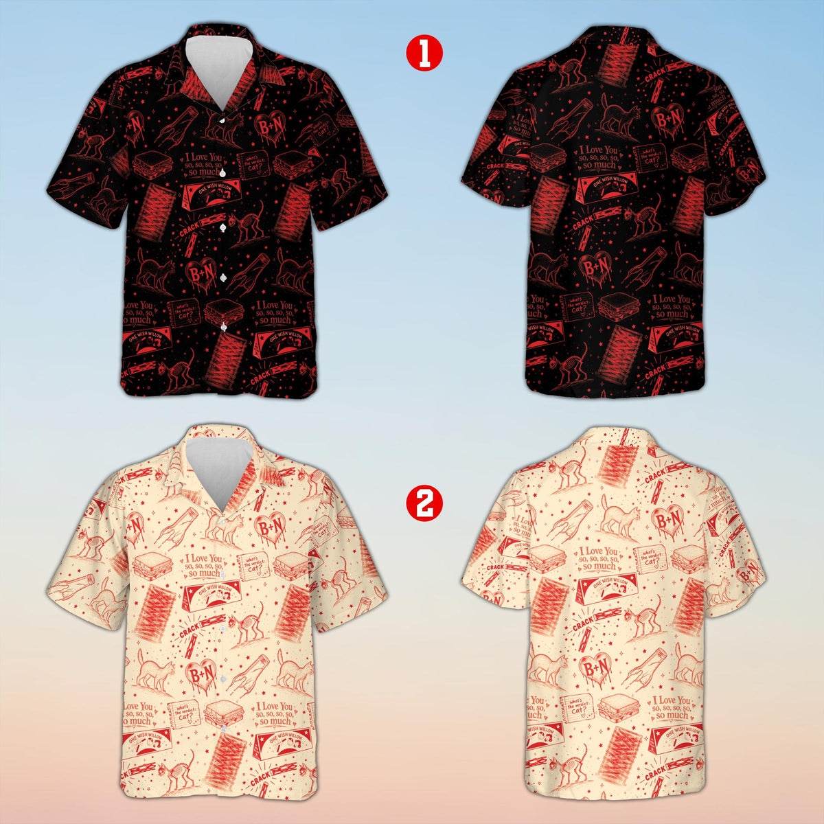 Retro hawaiian shirt in multicolor featuring unique object illustrations, front view