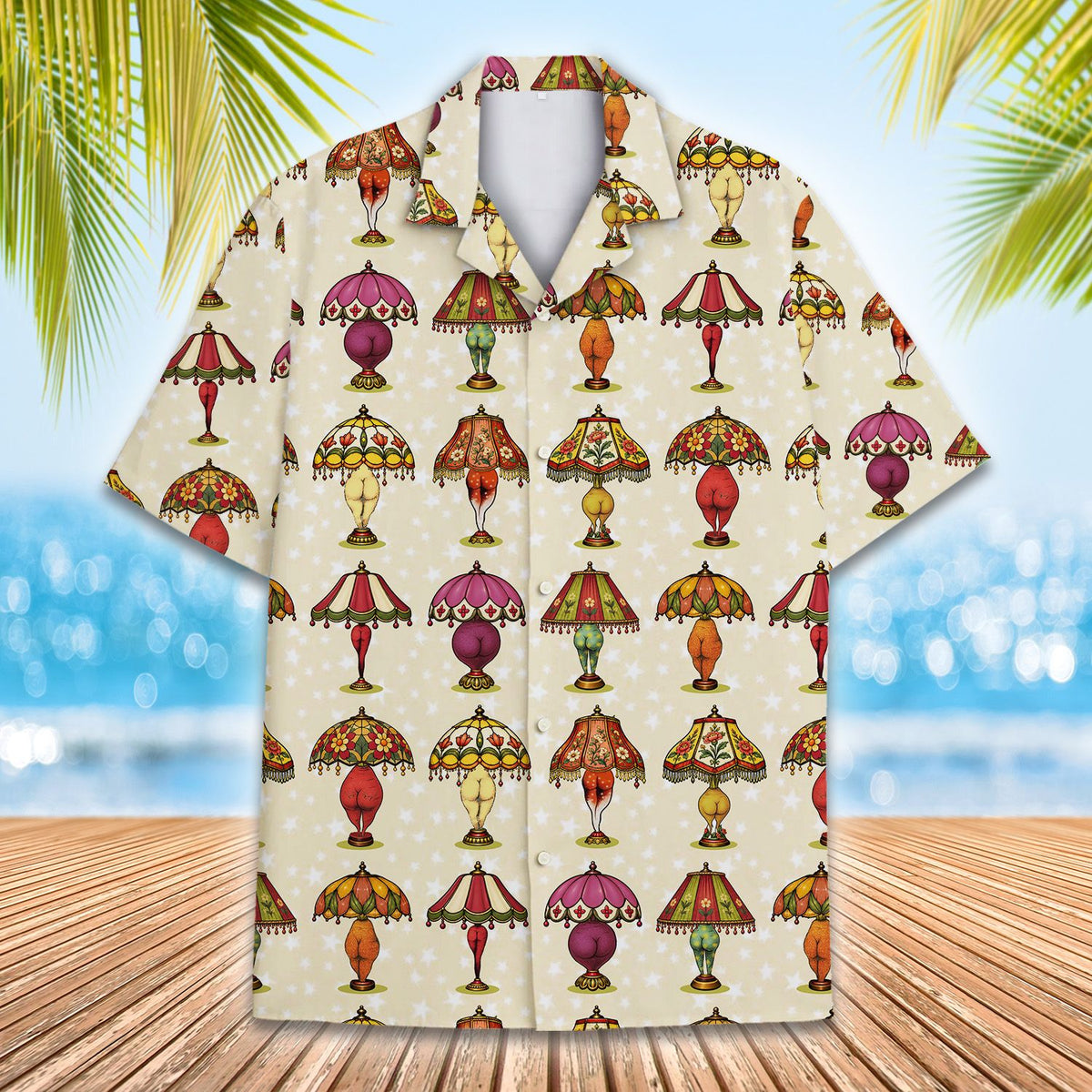 Another front angle of the cream retro hawaiian shirt