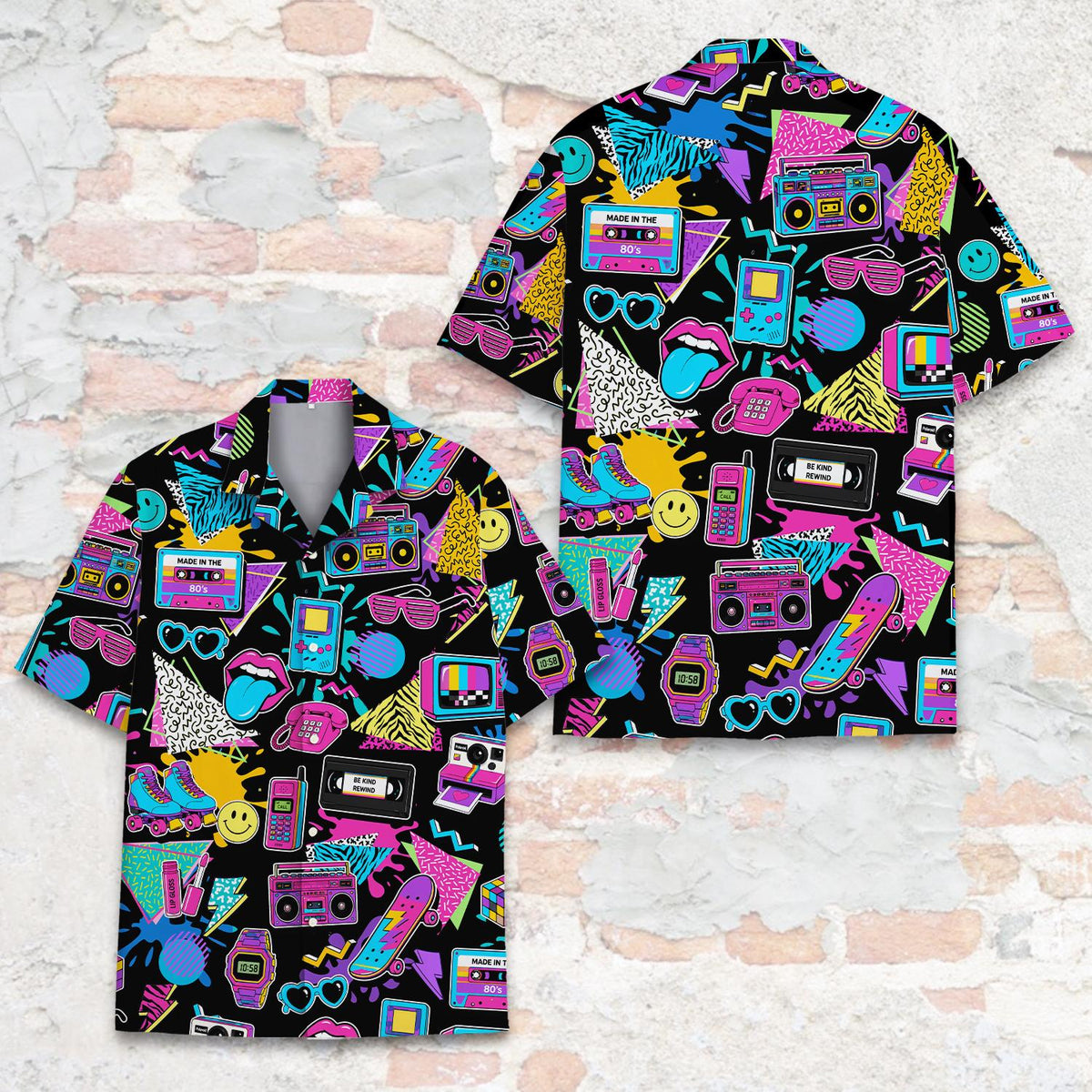 Detailed front view of the retro hawaiian shirt with 80s and 90s pattern