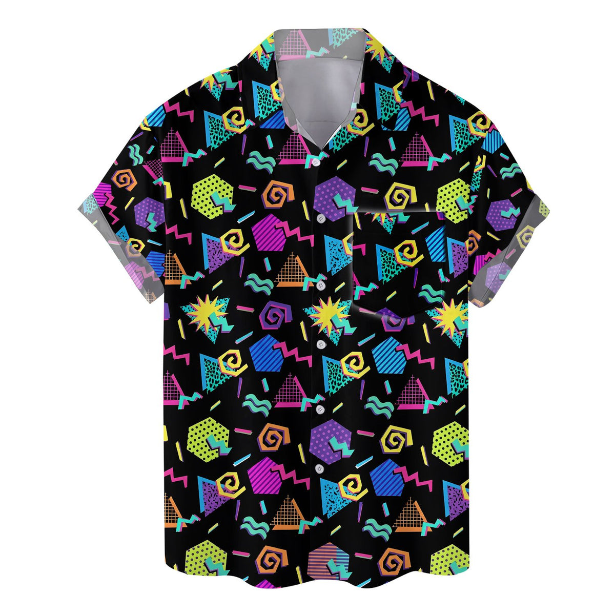 Close up of the front button-down design on the colorful retro hawaiian shirt