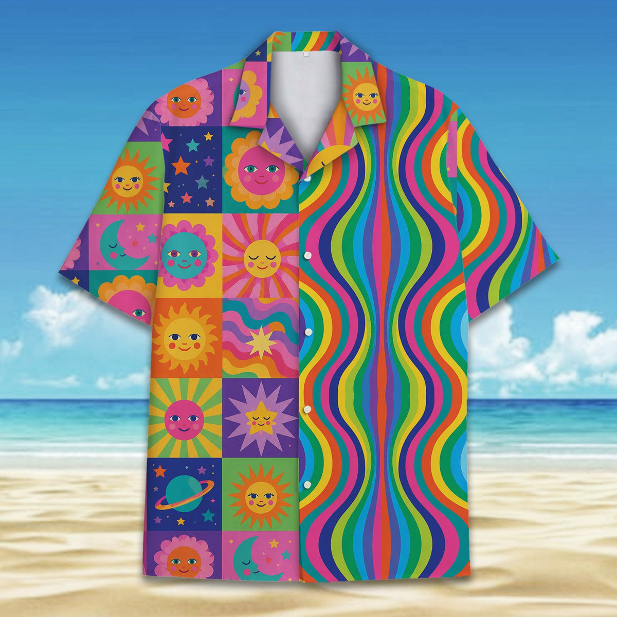 Another front view showing the wavy psychedelic stripes and retro sun patterns