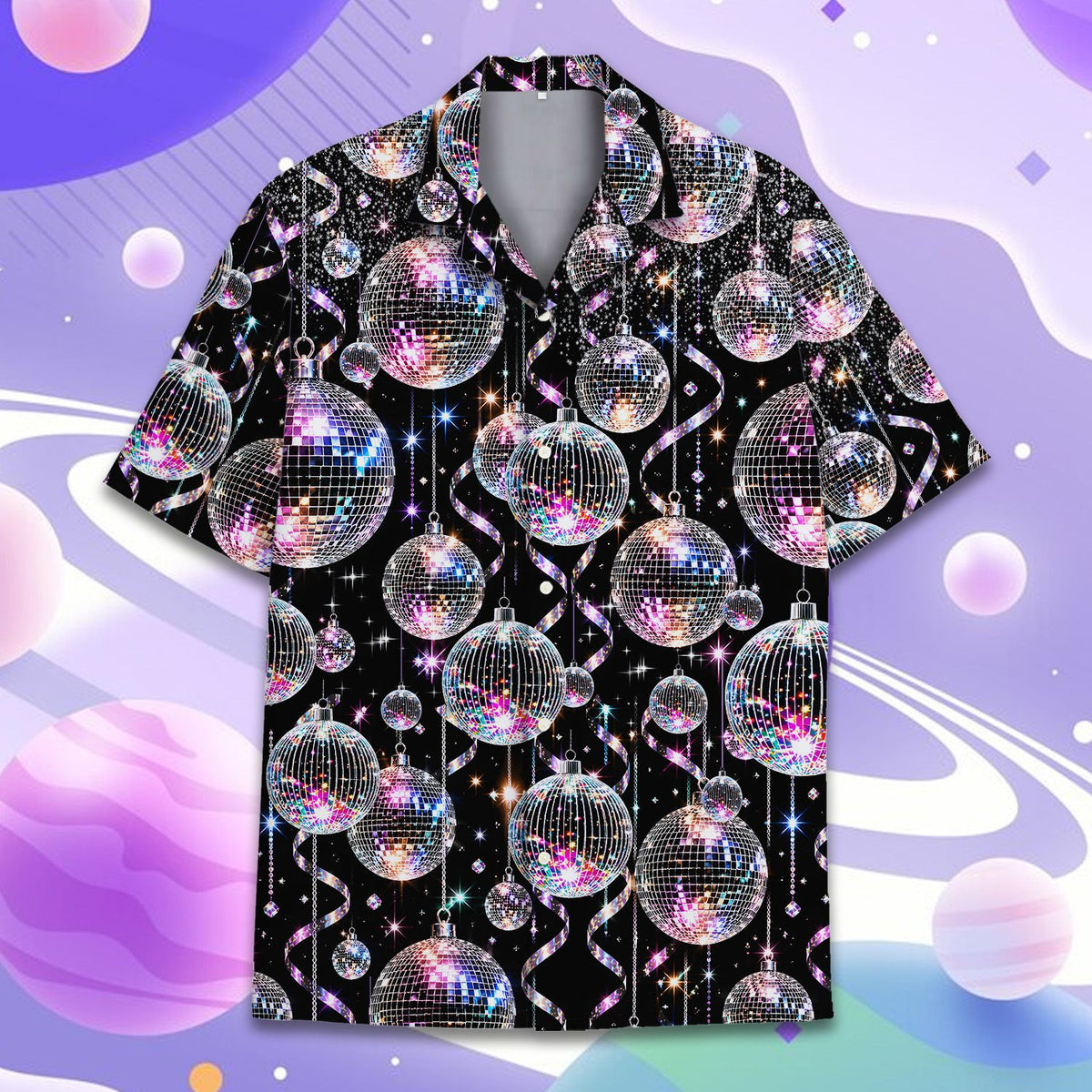 Black retro hawaiian shirt with silver and purple disco balls, front view 3
