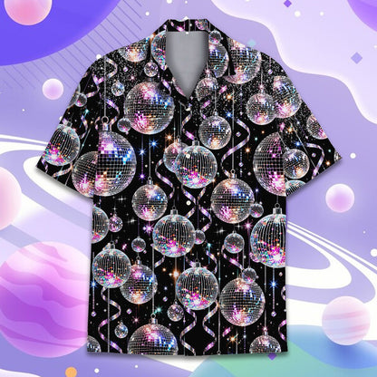 Black retro hawaiian shirt with silver and purple disco balls, front view 3