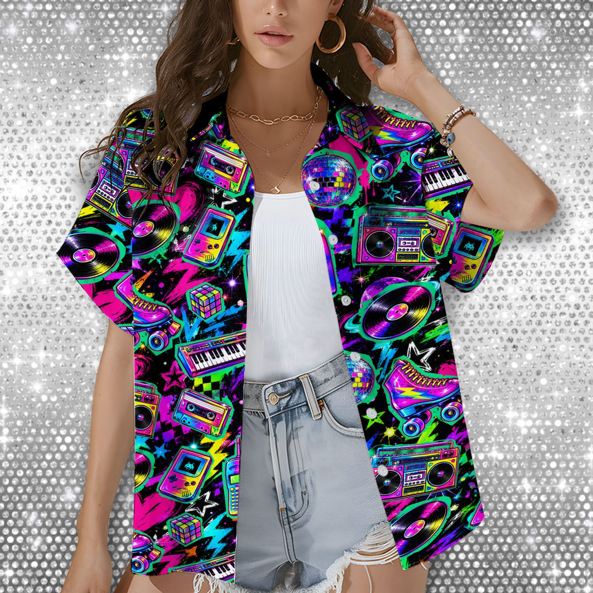 Another front view of the black retro Hawaiian shirt featuring cassette tape design