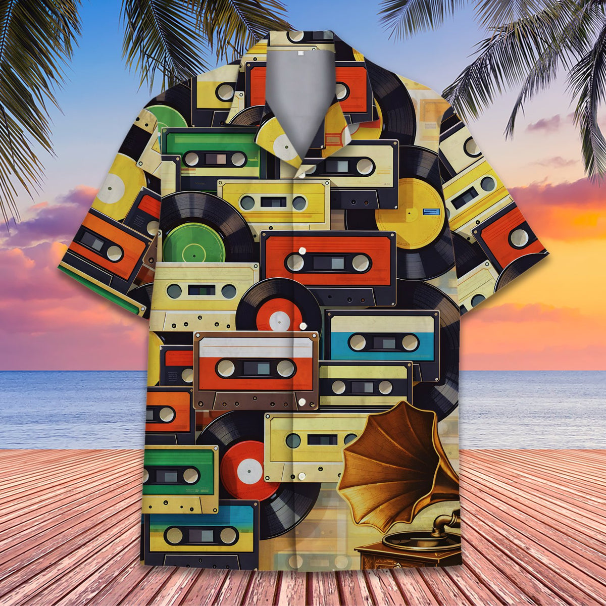 Close-up front view highlighting the vibrant retro hawaiian shirt pattern