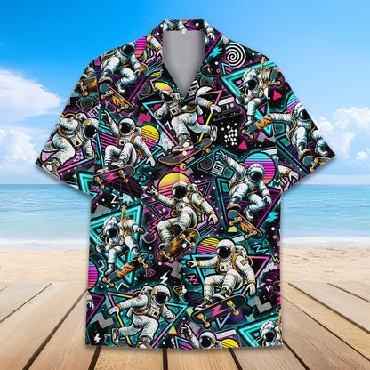Close up of the vibrant cyan and purple astronaut print on the front