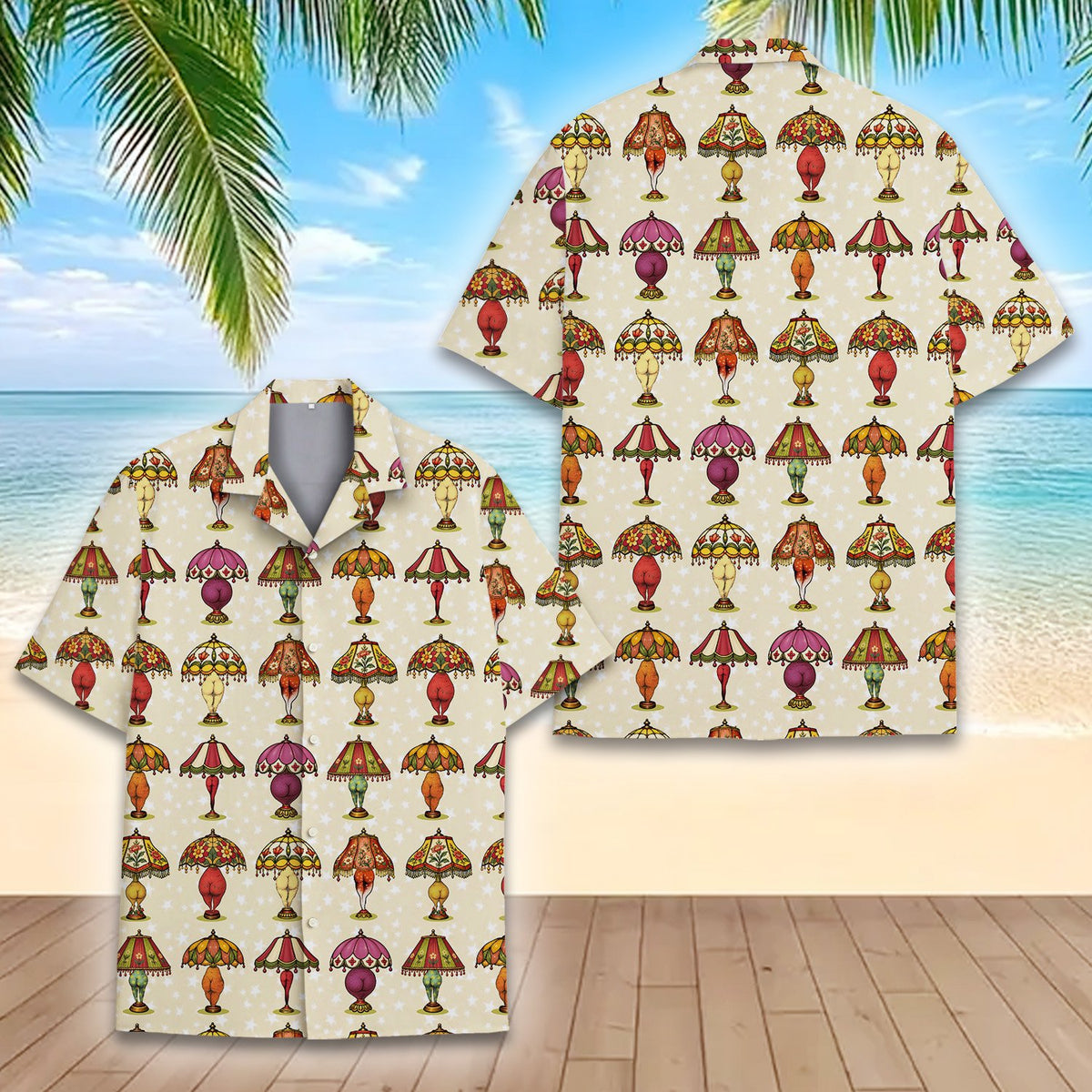 Close-up front view of the beige retro hawaiian shirt collar and pattern