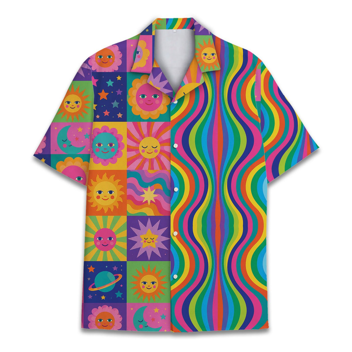 Close-up front view of the polyester summer hawaiian shirt