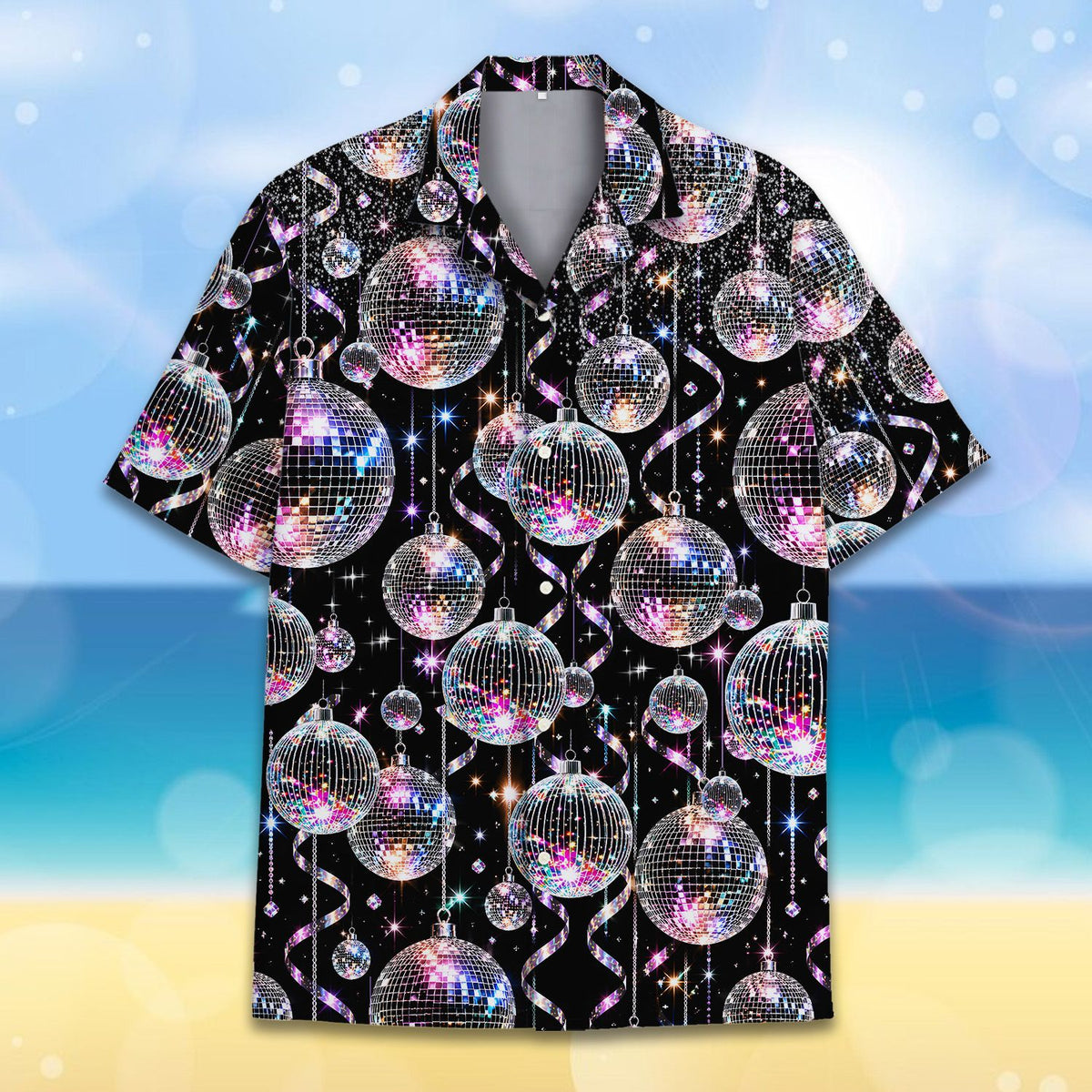 Black retro hawaiian shirt with silver and purple disco balls, front view 4