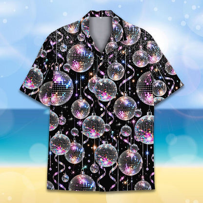 Black retro hawaiian shirt with silver and purple disco balls, front view 4