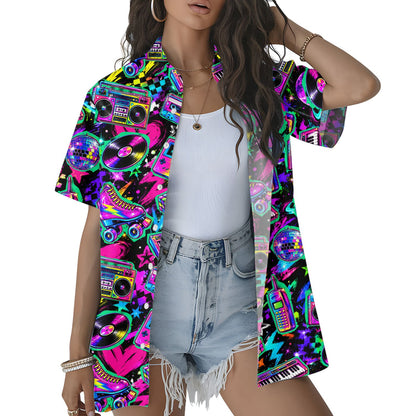 Close up front view of matching family Hawaiian shirts with neon geometric shapes
