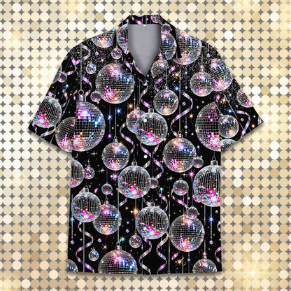 Black retro hawaiian shirt with silver and purple disco balls, front view 5