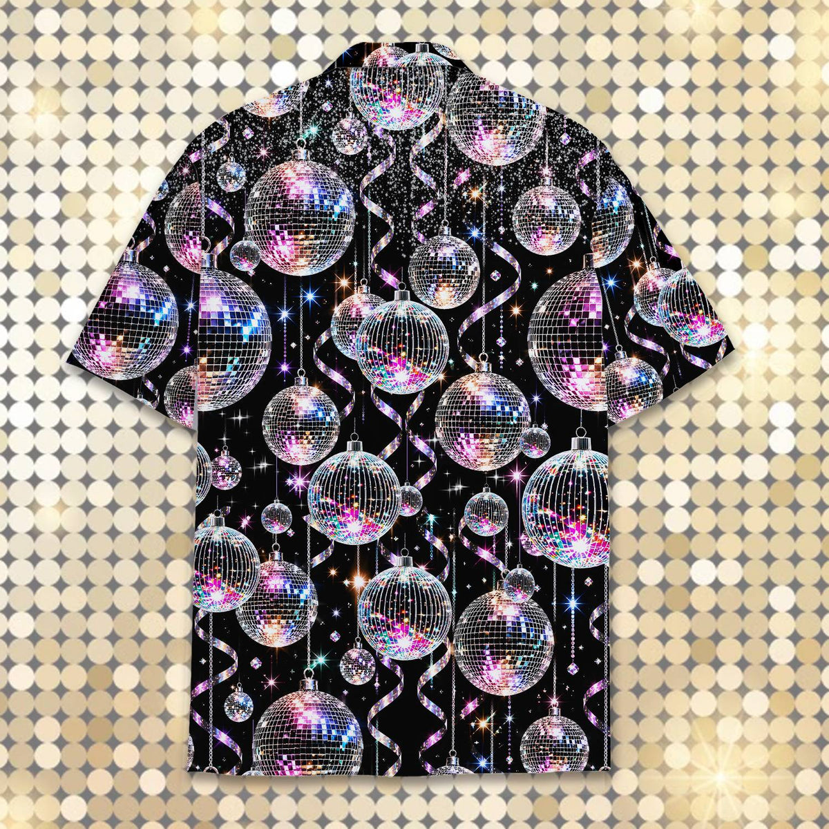 Black retro hawaiian shirt with silver and purple disco balls, front view 6