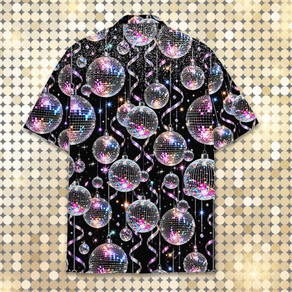 Black retro hawaiian shirt with silver and purple disco balls, front view 6
