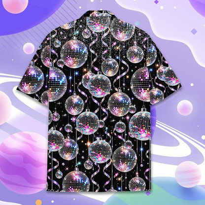 Black retro hawaiian shirt with silver and purple disco balls, front view 7