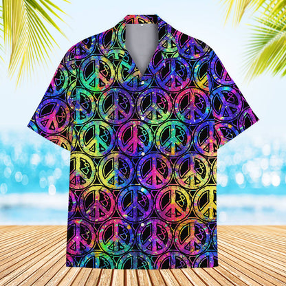 Retro hawaiian shirt with multicolor peace signs on a black background, main view