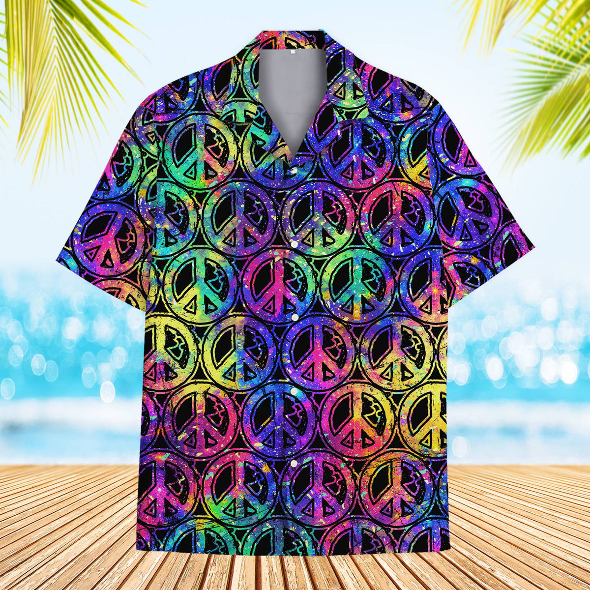 Front view of the vibrant retro hawaiian shirt with peace sign pattern