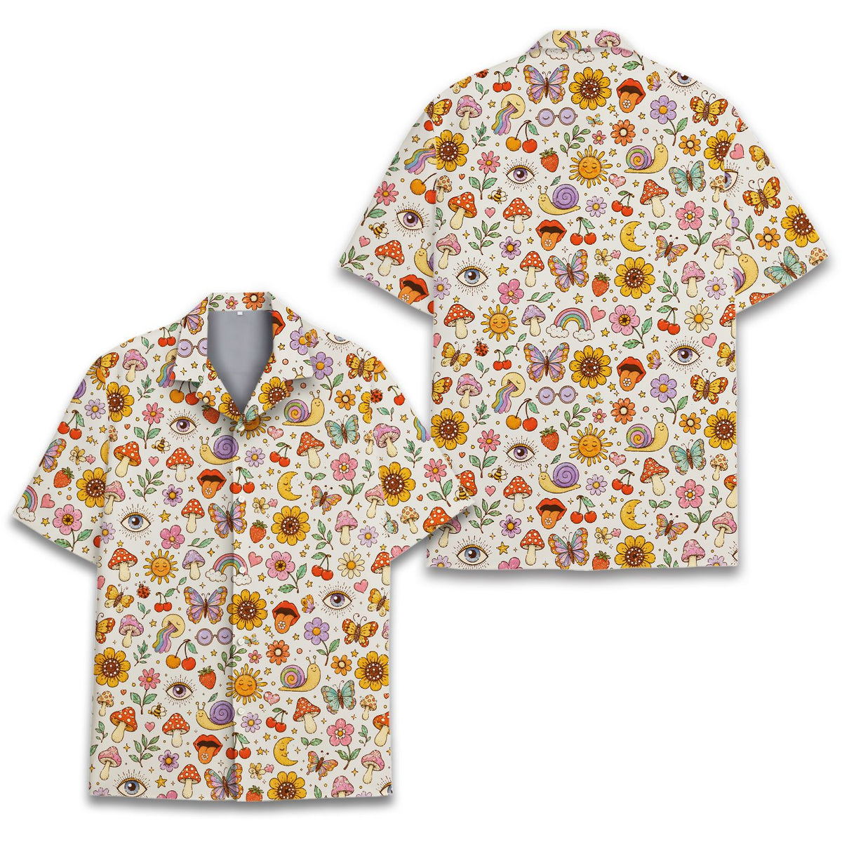 Front view of the retro hawaiian shirt featuring mushrooms, suns, and flowers