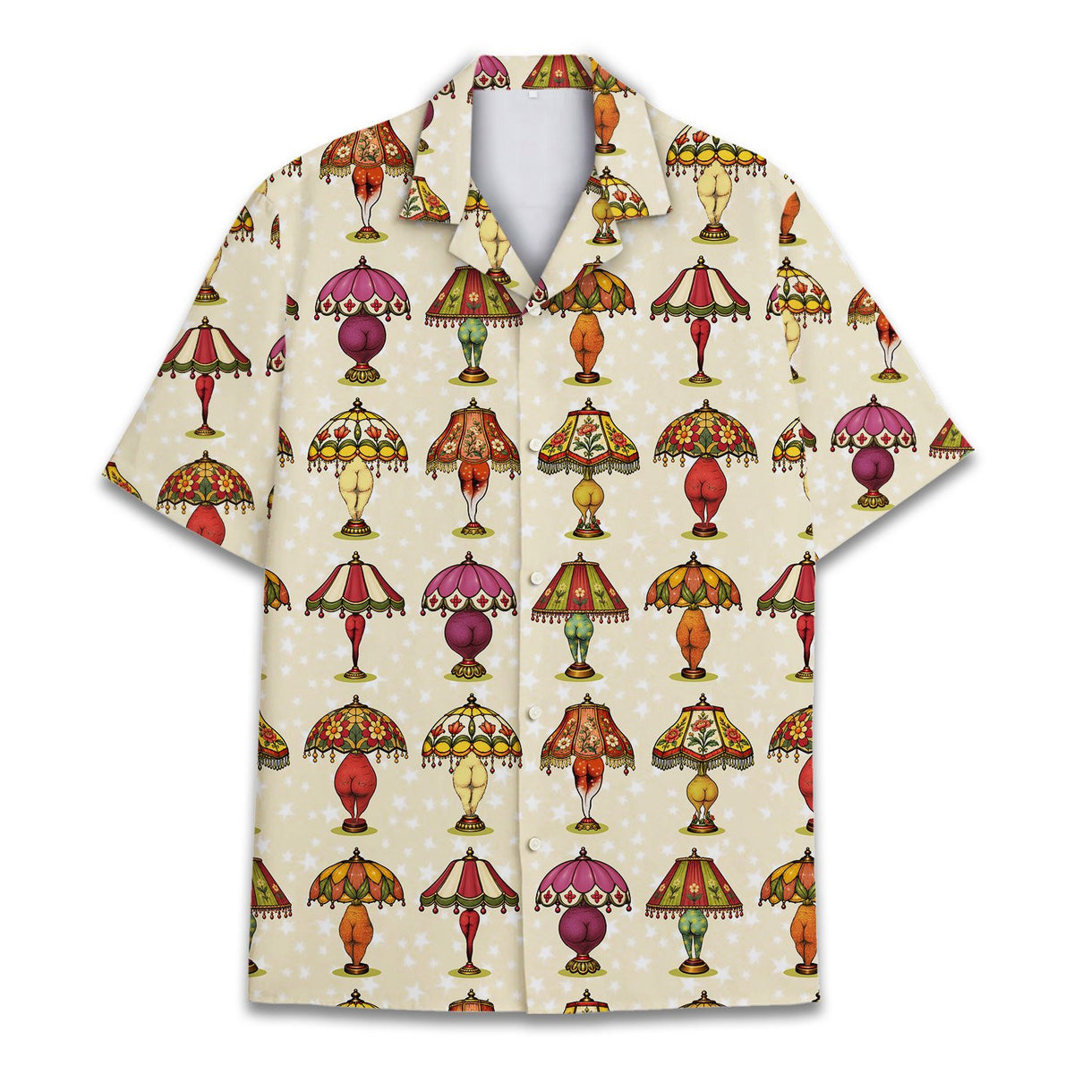 Beige retro hawaiian shirt with quirky vintage leg lamp pattern, front view