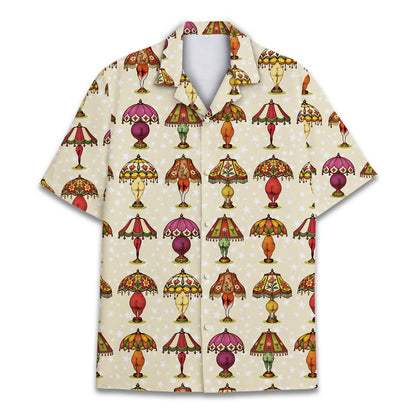 Beige retro hawaiian shirt with quirky vintage leg lamp pattern, front view