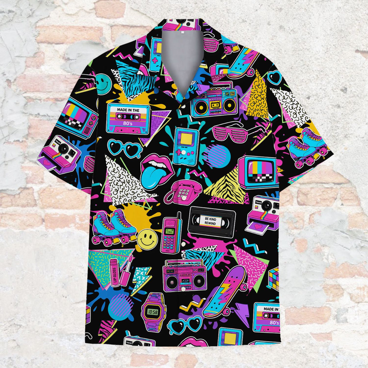 Main view of the retro hawaiian shirt featuring an 80s and 90s neon pattern on a black background