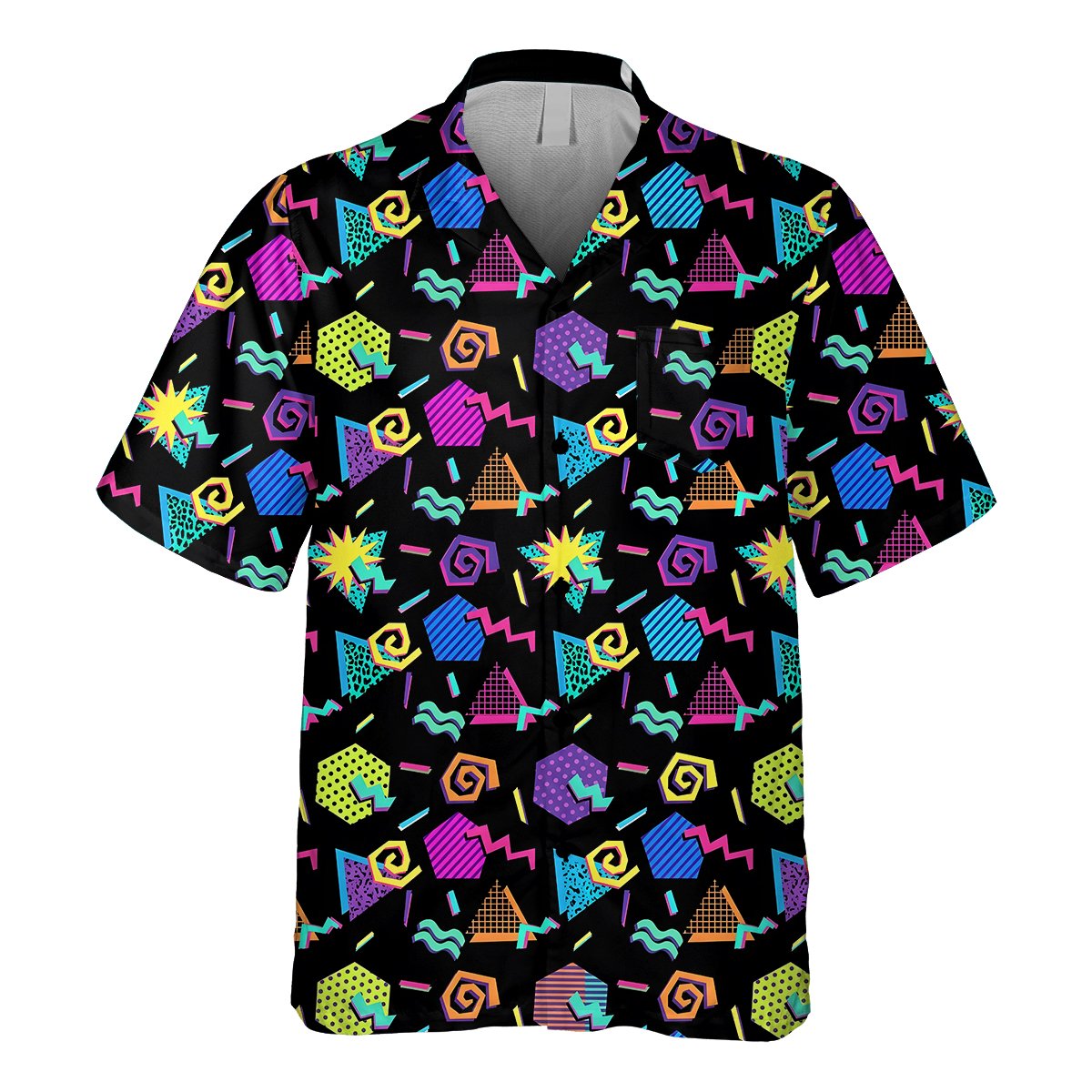 Front view of a matching family hawaiian shirt in retro 80s design