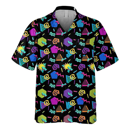 Front view of a matching family hawaiian shirt in retro 80s design