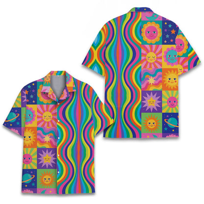 Front view of the vibrant multicolor retro hawaiian shirt