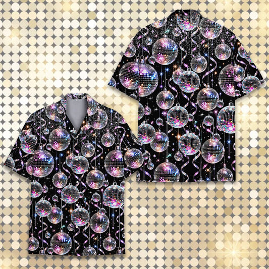 Black retro hawaiian shirt with silver and purple disco balls, main front view