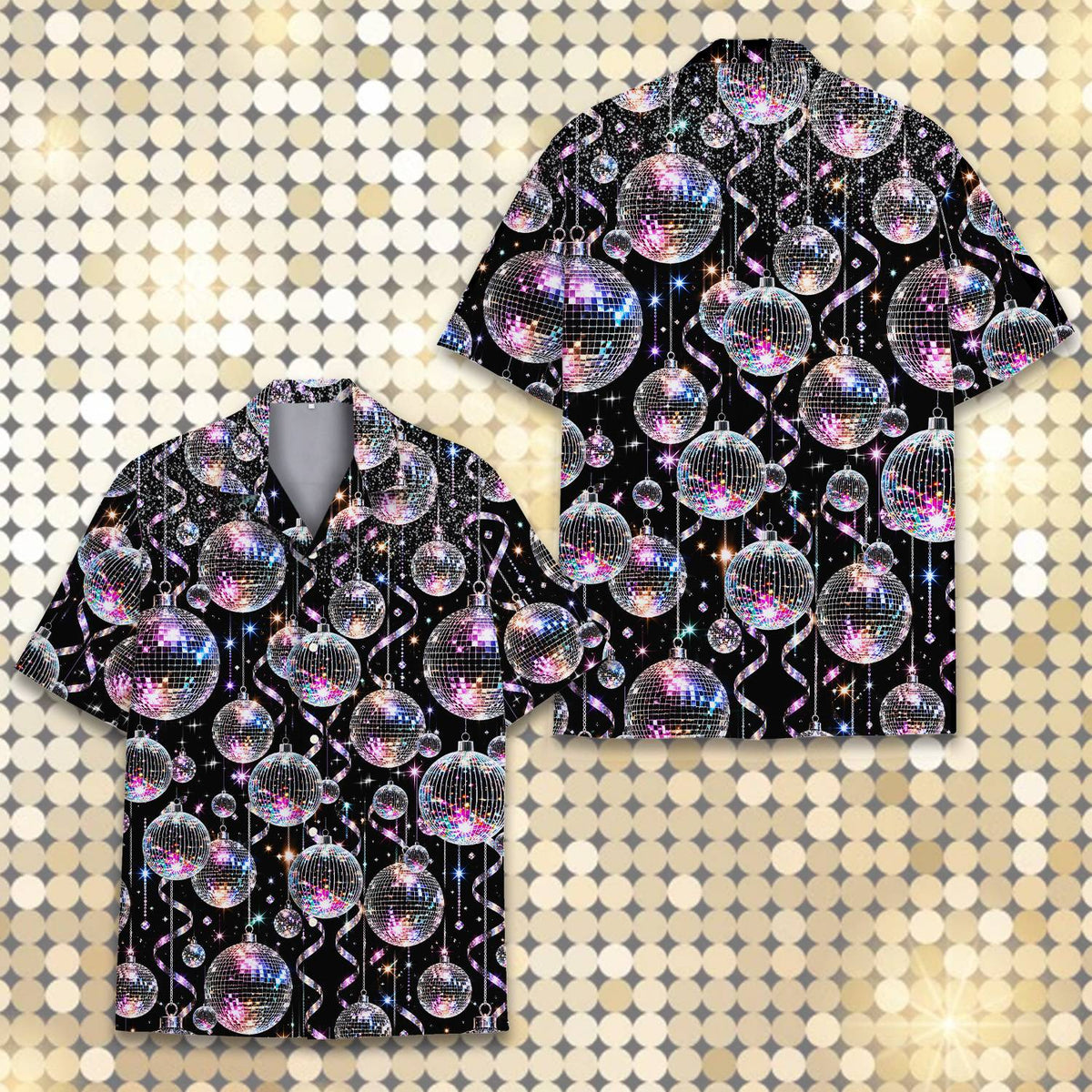 Black retro hawaiian shirt with silver and purple disco balls, alternate front view