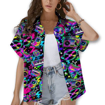 Matching family retro Hawaiian shirt with neon 80s and 90s icons on black, main view