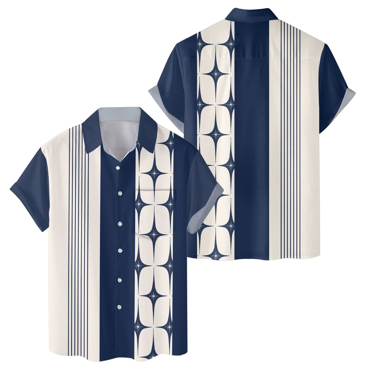Front view of the navy and cream retro hawaiian shirt