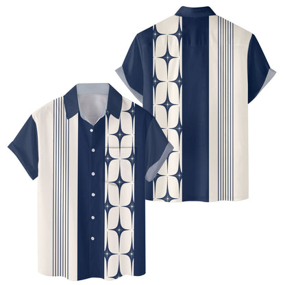 Front view of the navy and cream retro hawaiian shirt