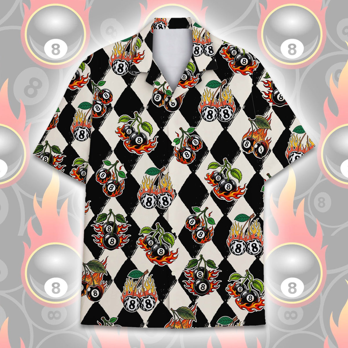 Retro hawaiian shirt featuring 8-ball flaming cherries on a checkerboard pattern, main view