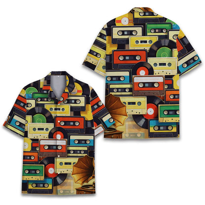 Main view of the retro hawaiian shirt featuring colorful cassette tapes and vinyl records