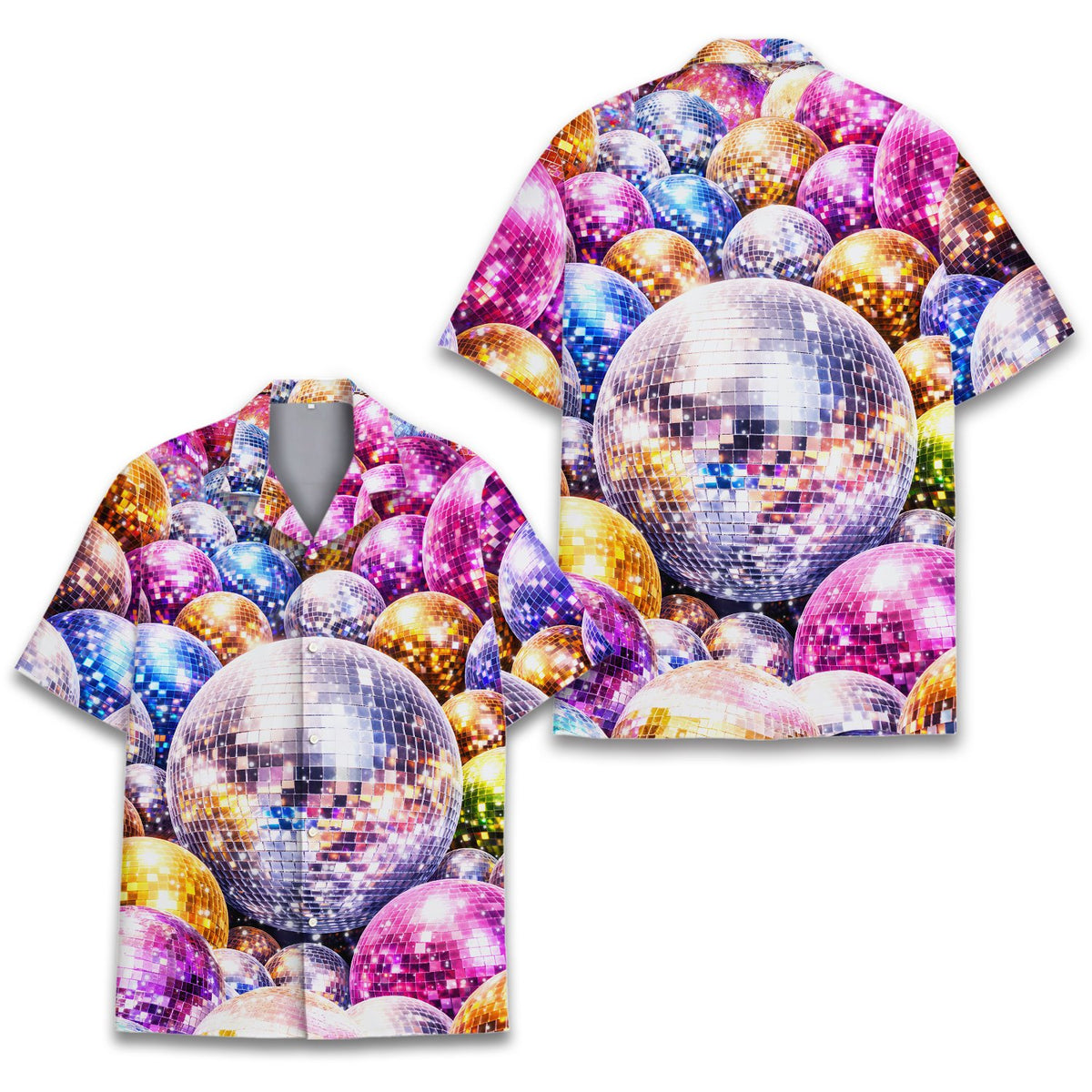 Front view of the retro hawaiian shirt with bright disco ball pattern