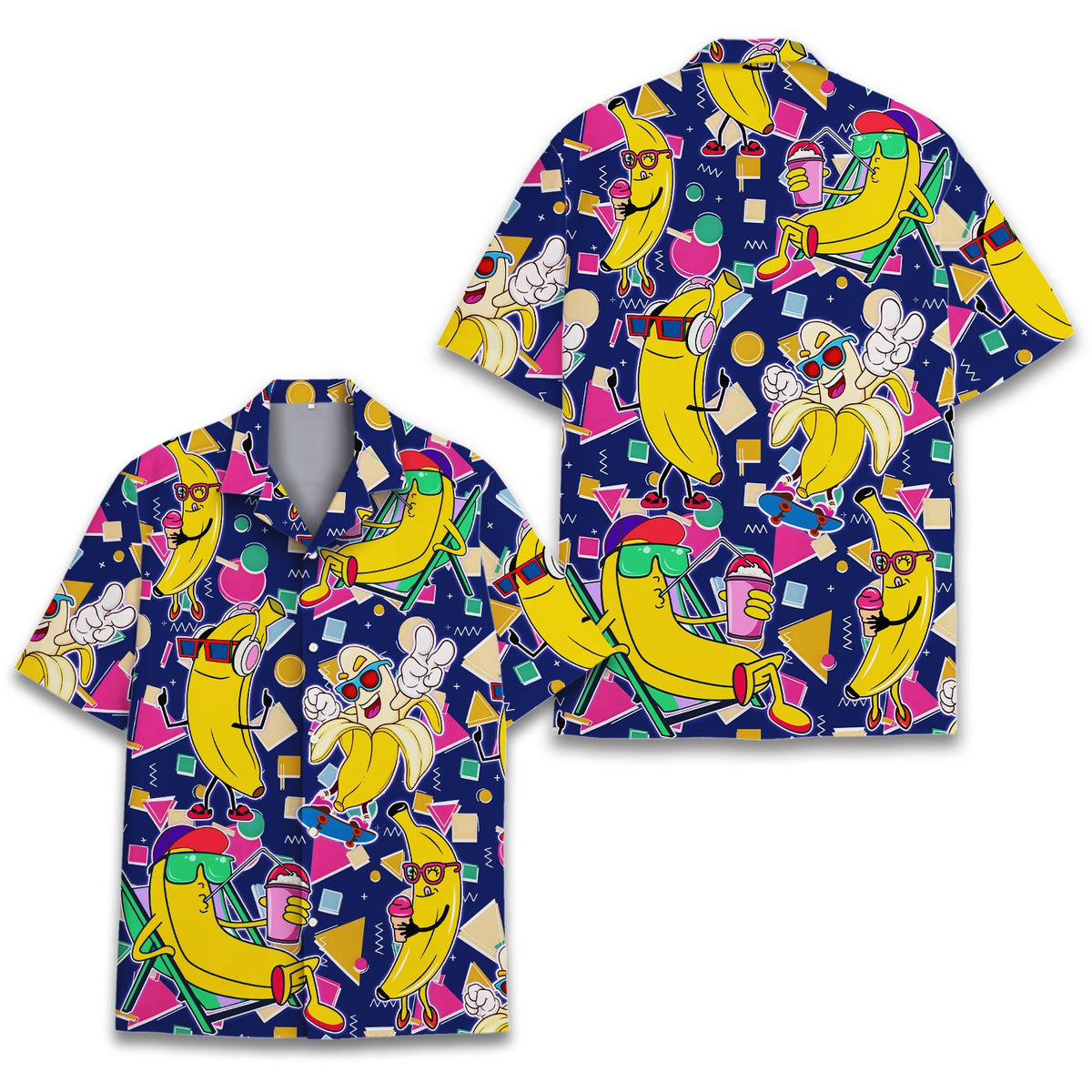 Main view of the retro hawaiian shirt featuring a matching family banana design on a navy blue background