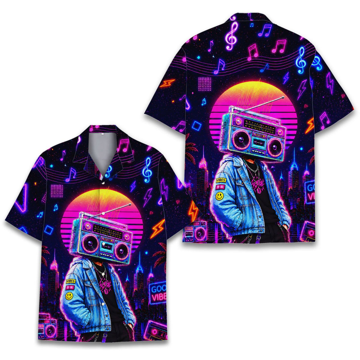 Retro neon boombox Hawaiian shirt front view