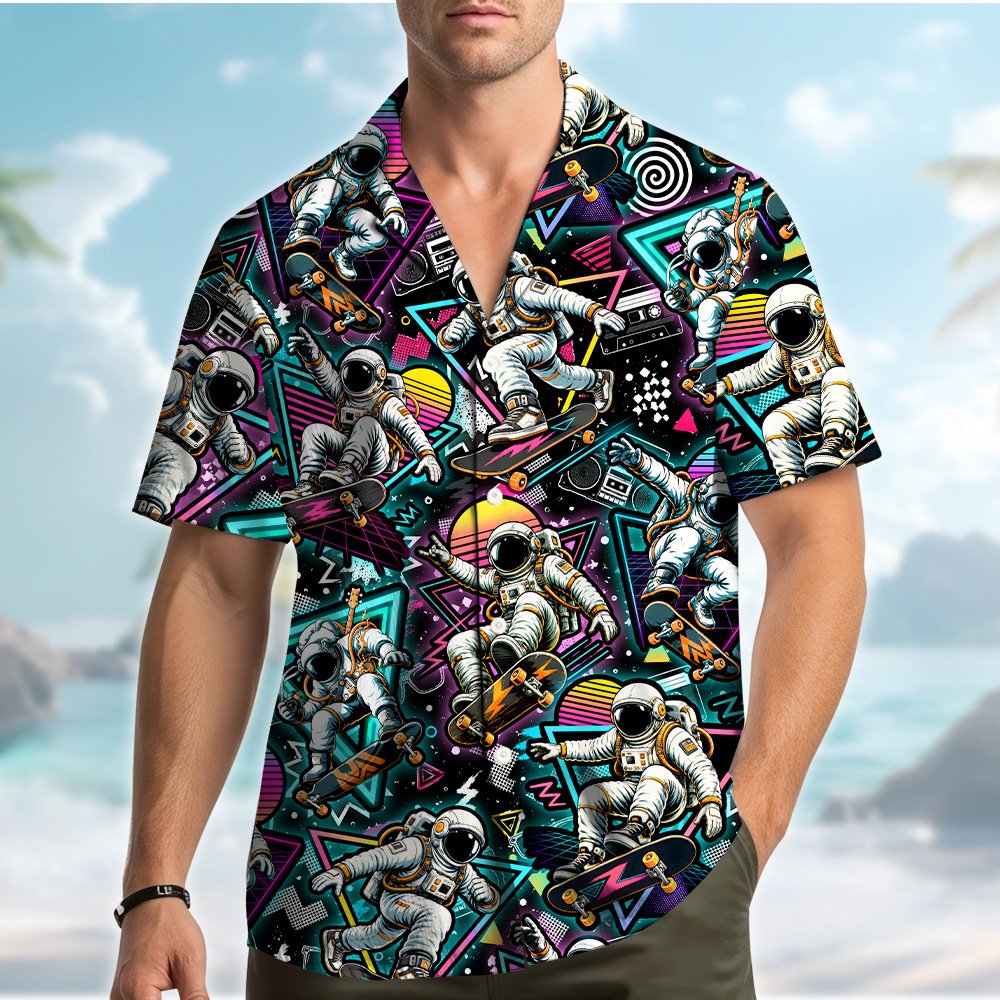 hawaiian shirt retro with neon astronaut skateboarding design, front view