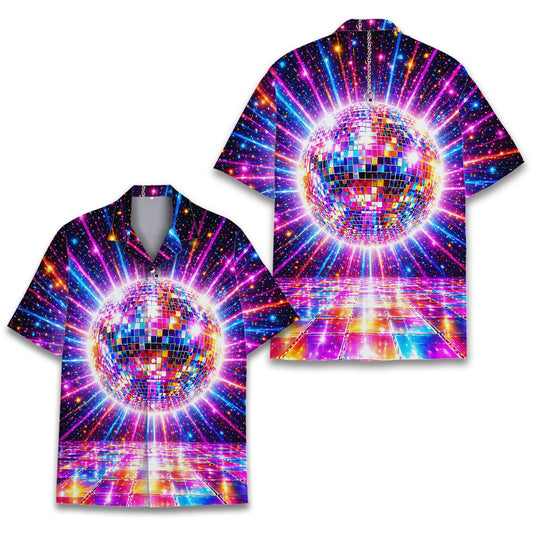 Vibrant retro hawaiian shirt with disco ball and neon beams on a starry background, main view