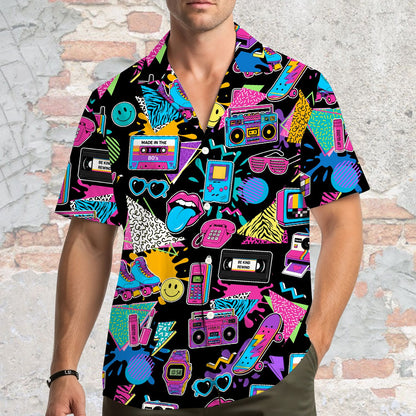 Second lifestyle view showcasing the colorful retro print hawaiian shirt