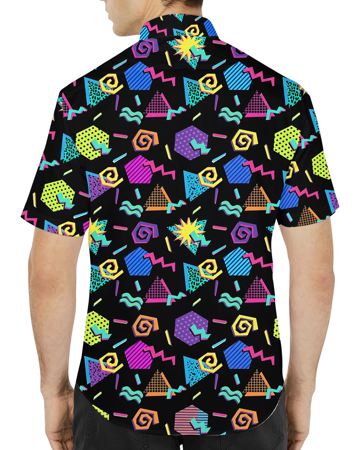 Another lifestyle view showcasing the matching family hawaiian shirts in 80s style